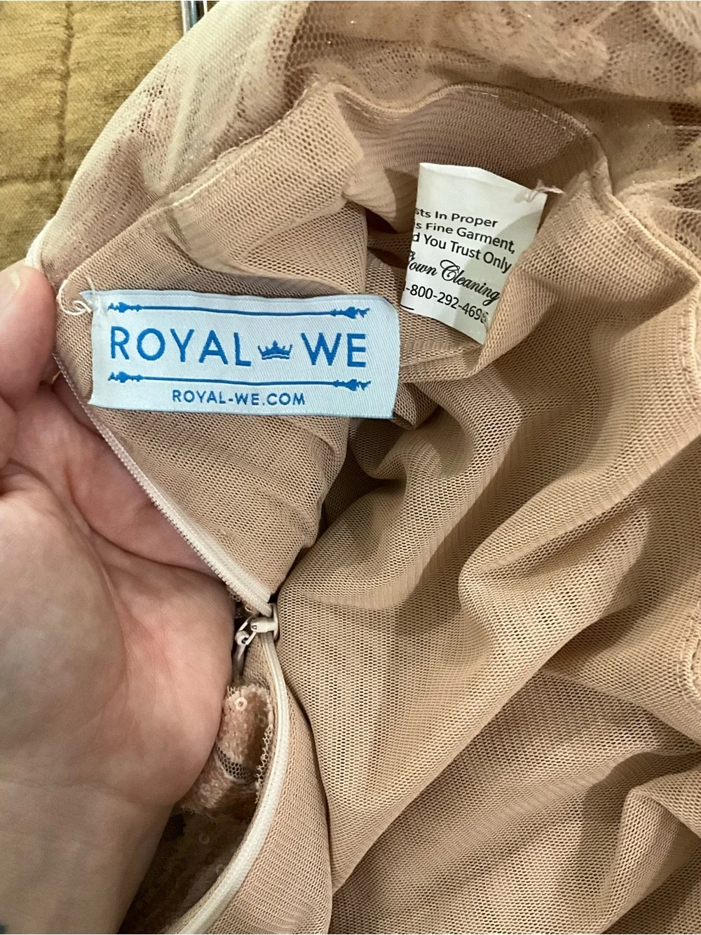 Royal We Blush Rose Gold Floral Appliqué Mermaid Gown Sheer Long Sleeves Size XS